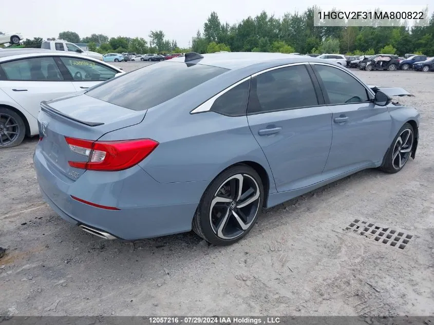 2021 Honda Accord Sport VIN: 1HGCV2F31MA800822 Lot: 12057216