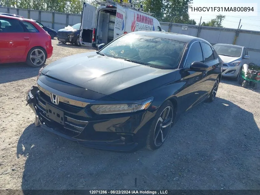 2021 Honda Accord Sedan VIN: 1HGCV1F31MA800894 Lot: 12071286