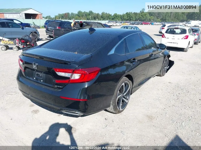 2021 Honda Accord Sedan VIN: 1HGCV1F31MA800894 Lot: 12071286