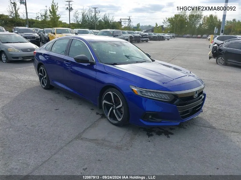 2021 Honda Accord Se VIN: 1HGCV1F2XMA800092 Lot: 12087913