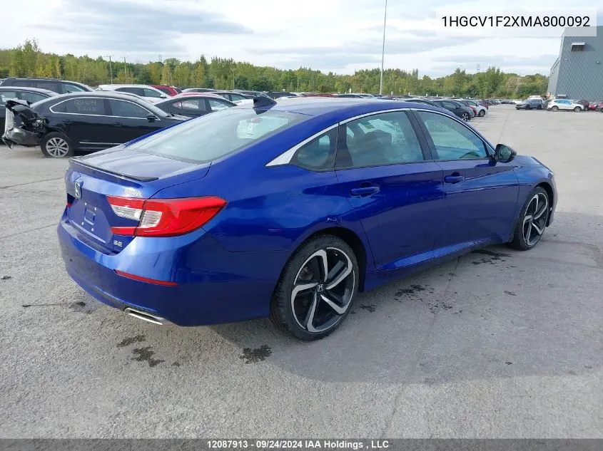 2021 Honda Accord Se VIN: 1HGCV1F2XMA800092 Lot: 12087913