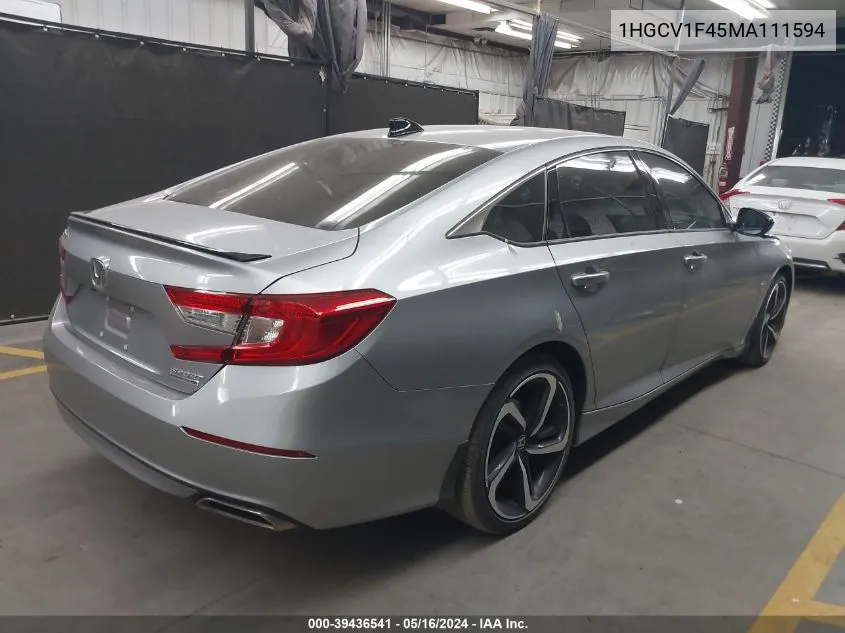 2021 Honda Accord Sport Special Edition VIN: 1HGCV1F45MA111594 Lot: 39436541