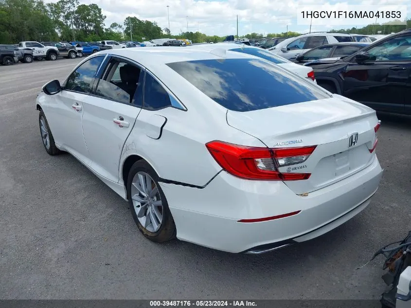 2021 Honda Accord Lx VIN: 1HGCV1F16MA041853 Lot: 39487176