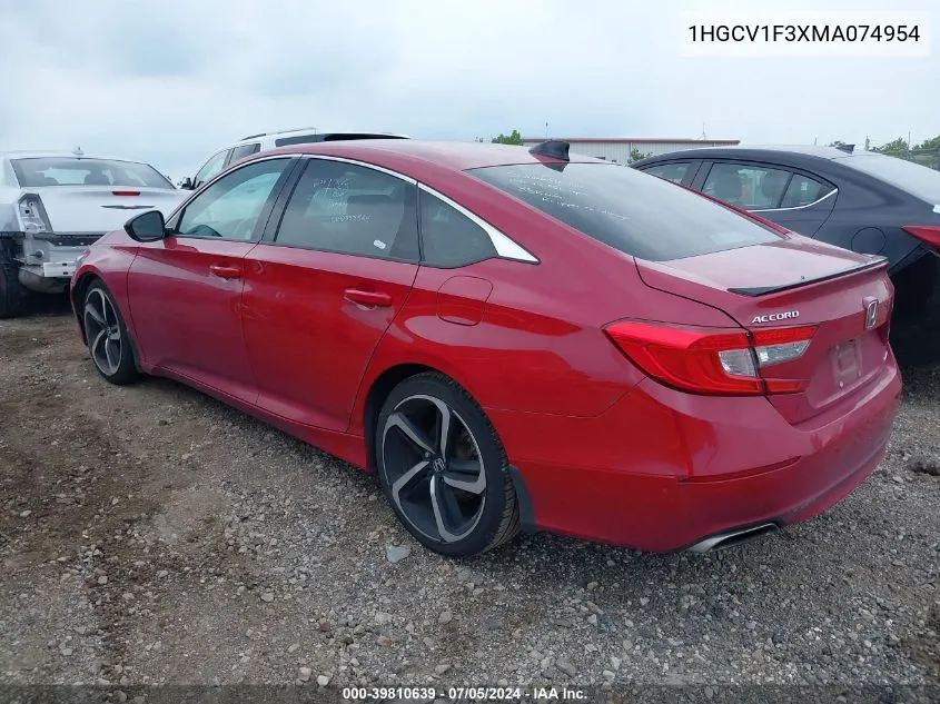 2021 Honda Accord Sport VIN: 1HGCV1F3XMA074954 Lot: 39810639