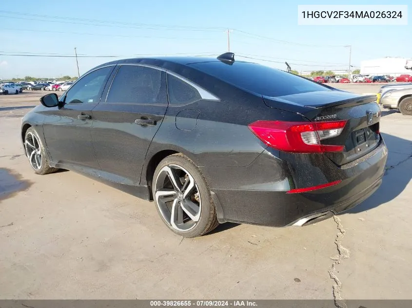 2021 Honda Accord Sport 2.0T VIN: 1HGCV2F34MA026324 Lot: 39826655