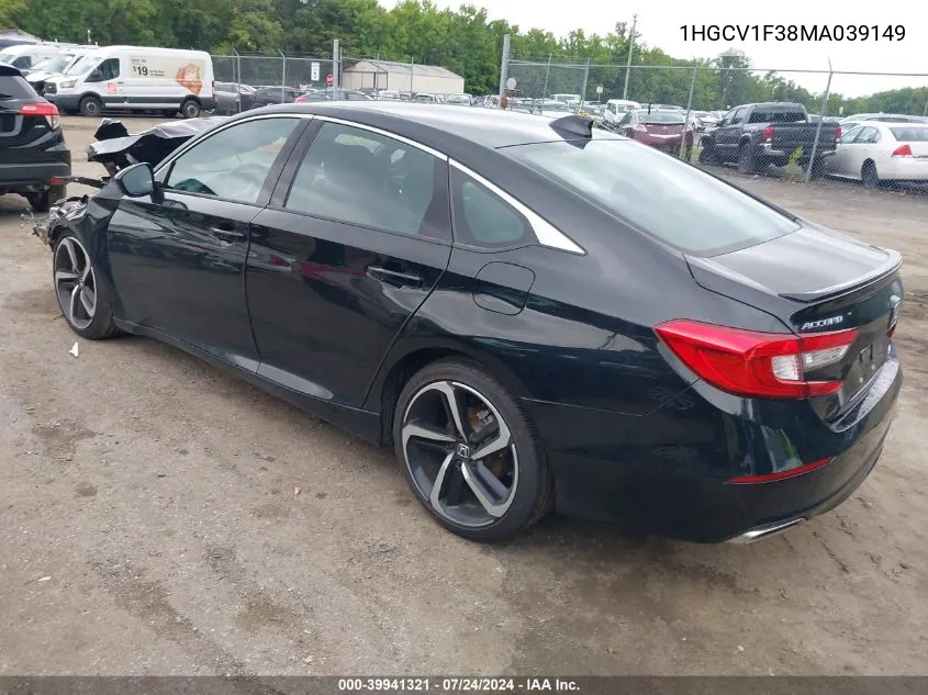 2021 Honda Accord Sport VIN: 1HGCV1F38MA039149 Lot: 39941321