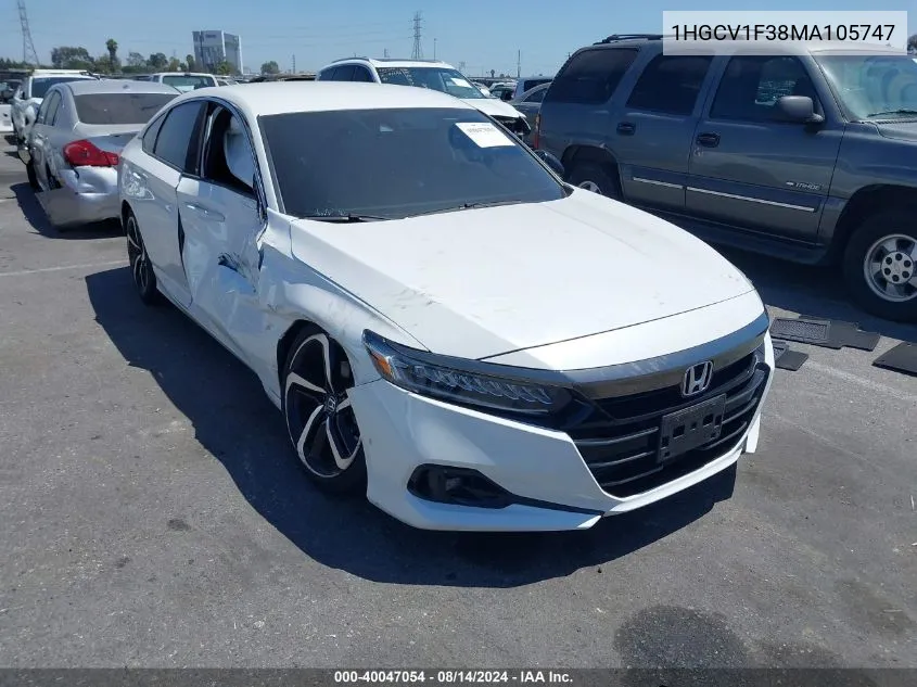 2021 Honda Accord Sport VIN: 1HGCV1F38MA105747 Lot: 40047054