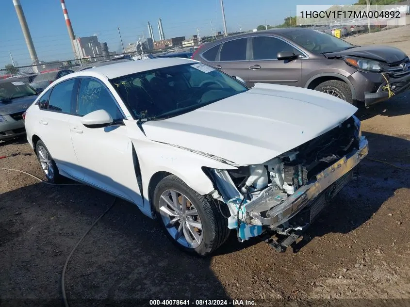 2021 Honda Accord Lx VIN: 1HGCV1F17MA004892 Lot: 40078641