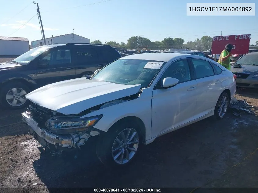 2021 Honda Accord Lx VIN: 1HGCV1F17MA004892 Lot: 40078641