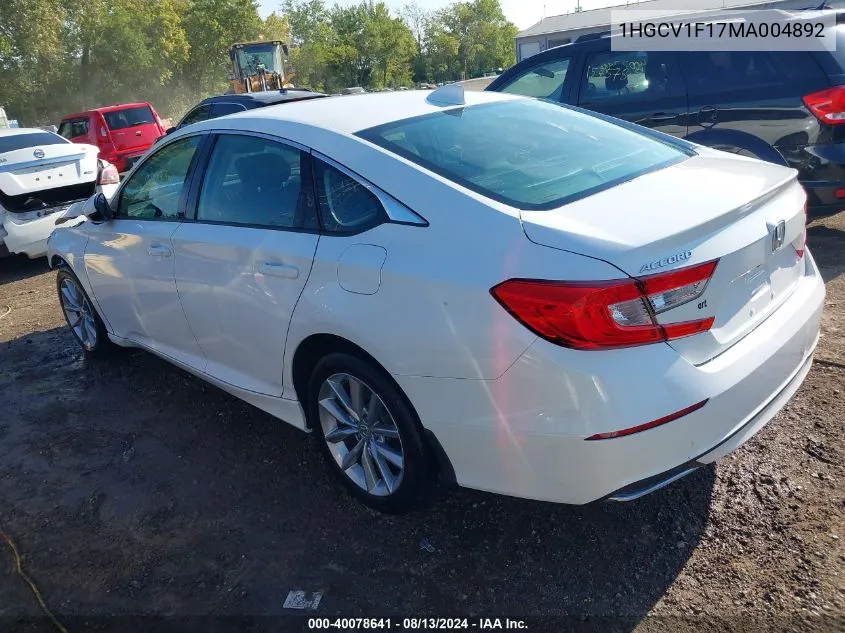 2021 Honda Accord Lx VIN: 1HGCV1F17MA004892 Lot: 40078641