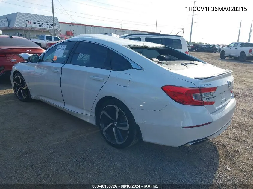 2021 Honda Accord Sport VIN: 1HGCV1F36MA028215 Lot: 40103726