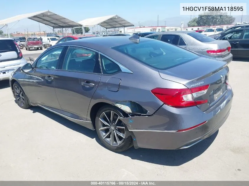 2021 Honda Accord Ex-L VIN: 1HGCV1F58MA118595 Lot: 40115766