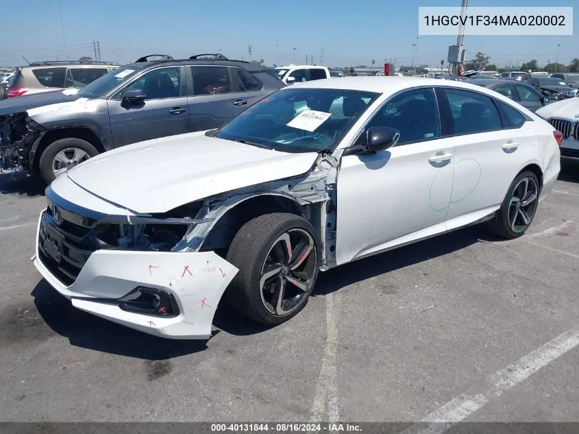 2021 Honda Accord Sport VIN: 1HGCV1F34MA020002 Lot: 40131844