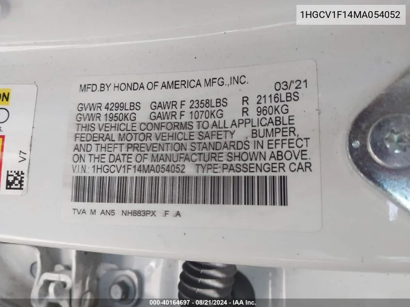 2021 Honda Accord Lx VIN: 1HGCV1F14MA054052 Lot: 40164697