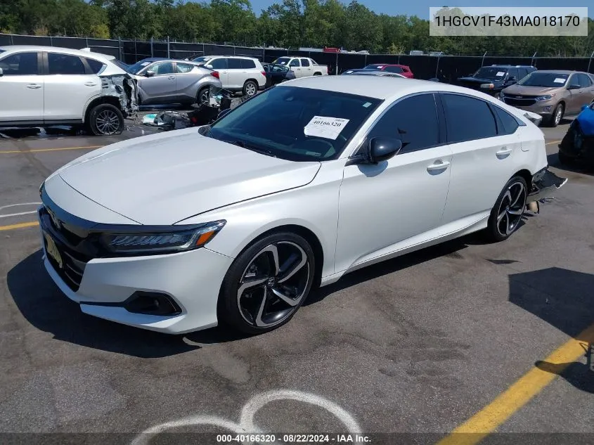 2021 Honda Accord Sport Special Edition VIN: 1HGCV1F43MA018170 Lot: 40166320