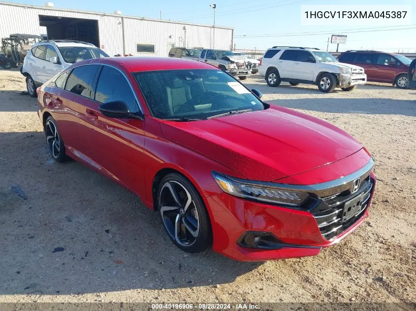 2021 Honda Accord Sport VIN: 1HGCV1F3XMA045387 Lot: 40196906