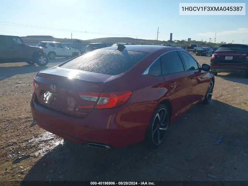 2021 Honda Accord Sport VIN: 1HGCV1F3XMA045387 Lot: 40196906