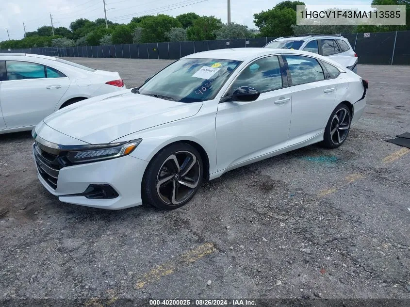 2021 Honda Accord Sport Special Edition VIN: 1HGCV1F43MA113585 Lot: 40200025