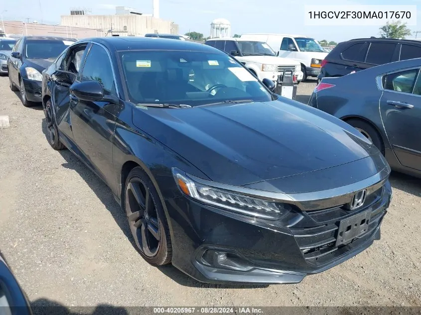 2021 Honda Accord Sport 2.0T VIN: 1HGCV2F30MA017670 Lot: 40205967