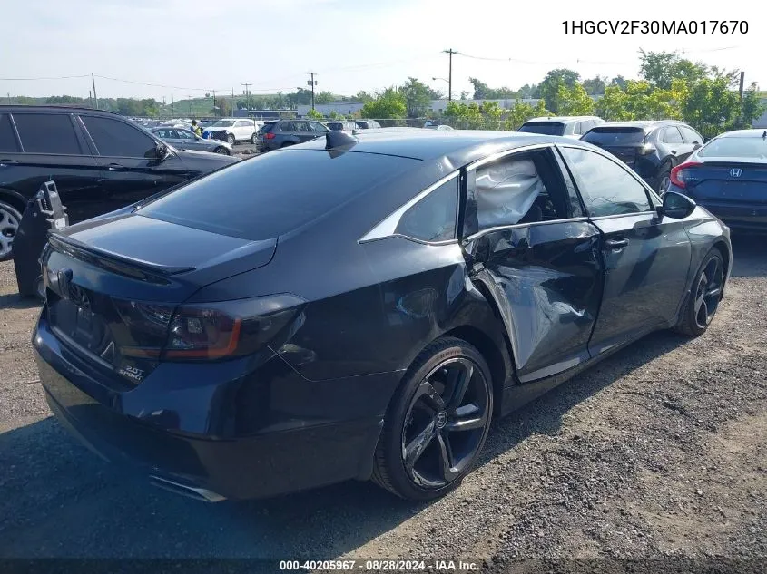 2021 Honda Accord Sport 2.0T VIN: 1HGCV2F30MA017670 Lot: 40205967