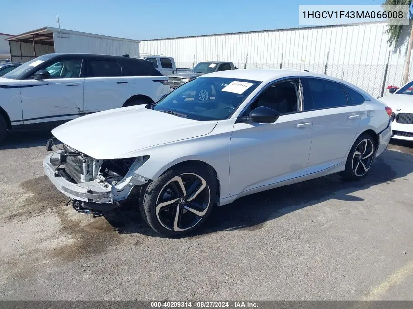 2021 Honda Accord Sport Special Edition VIN: 1HGCV1F43MA066008 Lot: 40209314