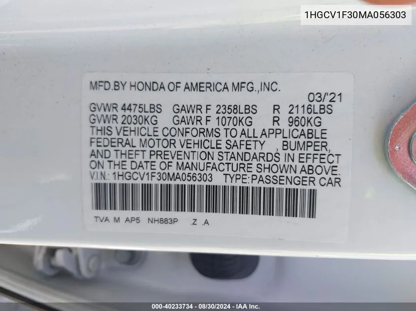 2021 Honda Accord Sport VIN: 1HGCV1F30MA056303 Lot: 40233734