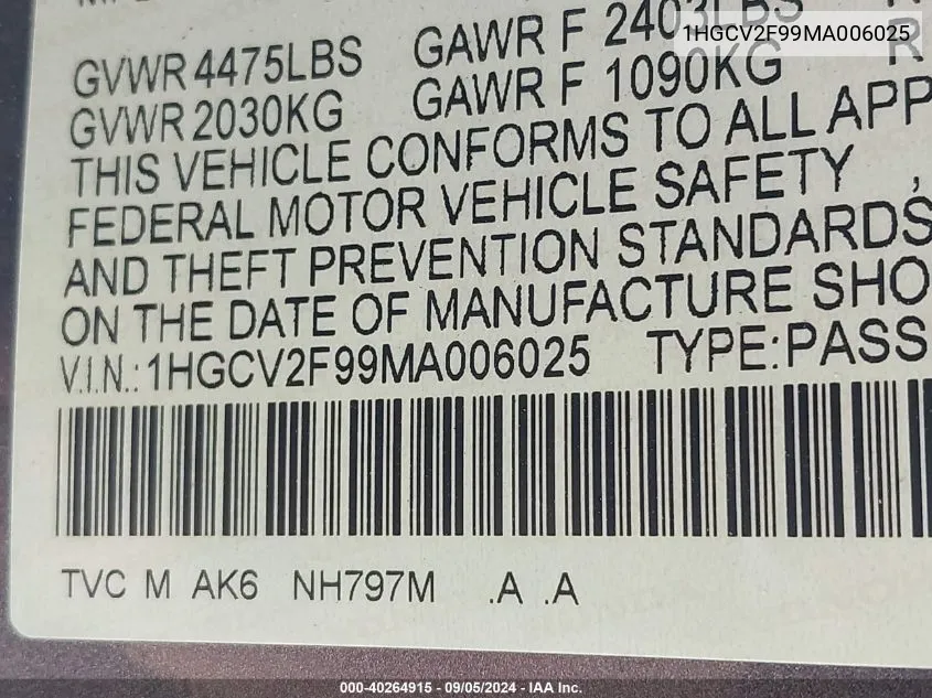 1HGCV2F99MA006025 2021 Honda Accord Touring