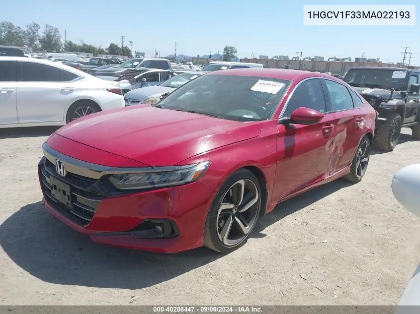 2021 Honda Accord Sport VIN: 1HGCV1F33MA022193 Lot: 40288447