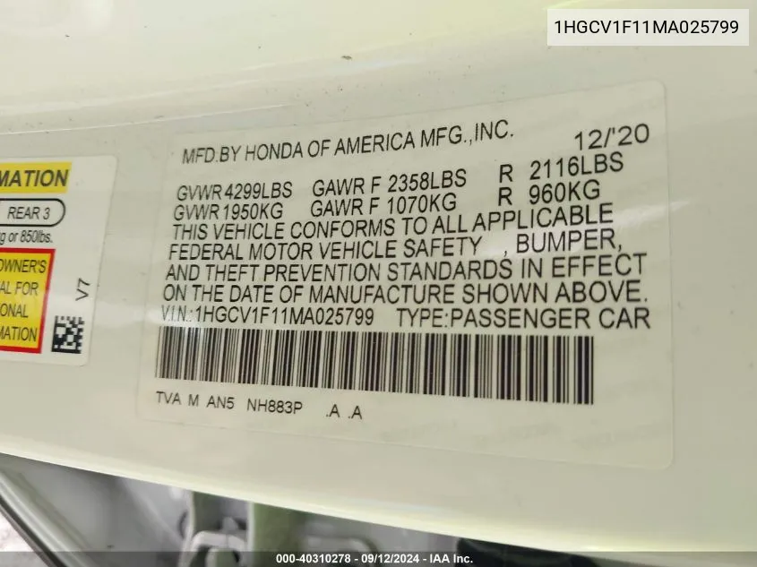 2021 Honda Accord Lx VIN: 1HGCV1F11MA025799 Lot: 40310278