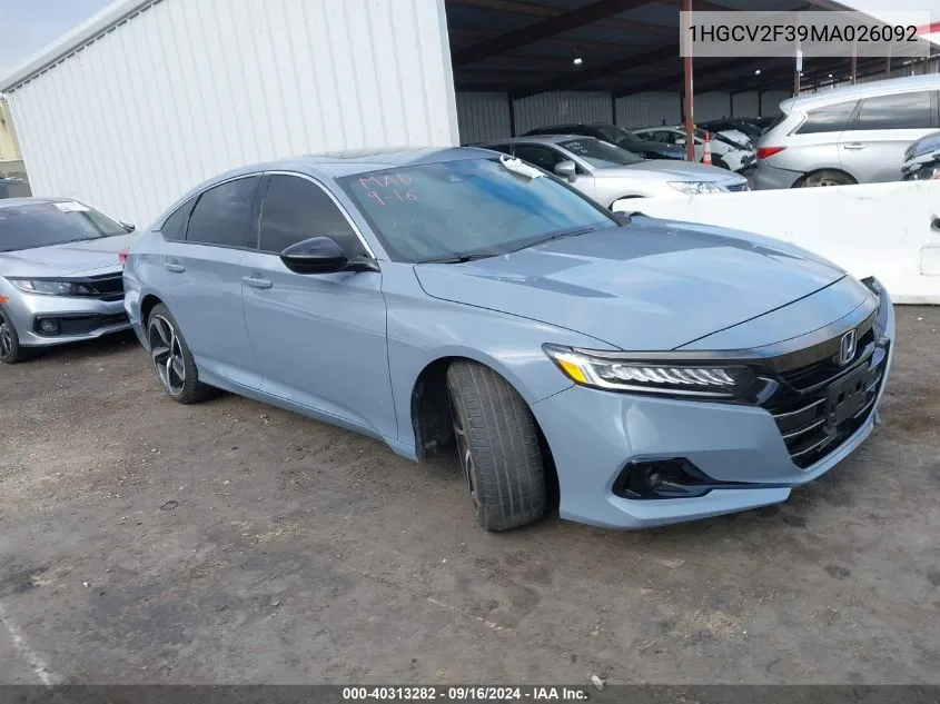 2021 Honda Accord Sport 2.0T VIN: 1HGCV2F39MA026092 Lot: 40313282