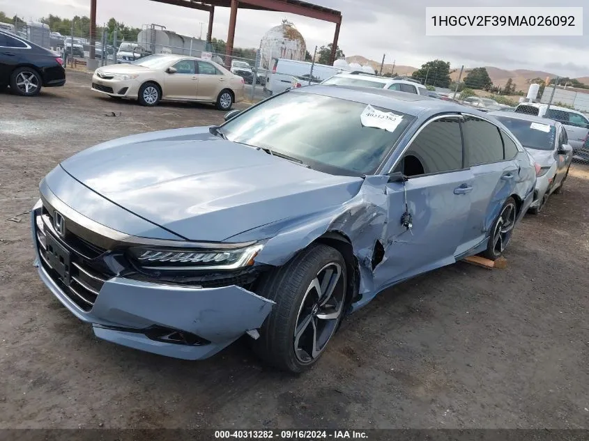 2021 Honda Accord Sport 2.0T VIN: 1HGCV2F39MA026092 Lot: 40313282