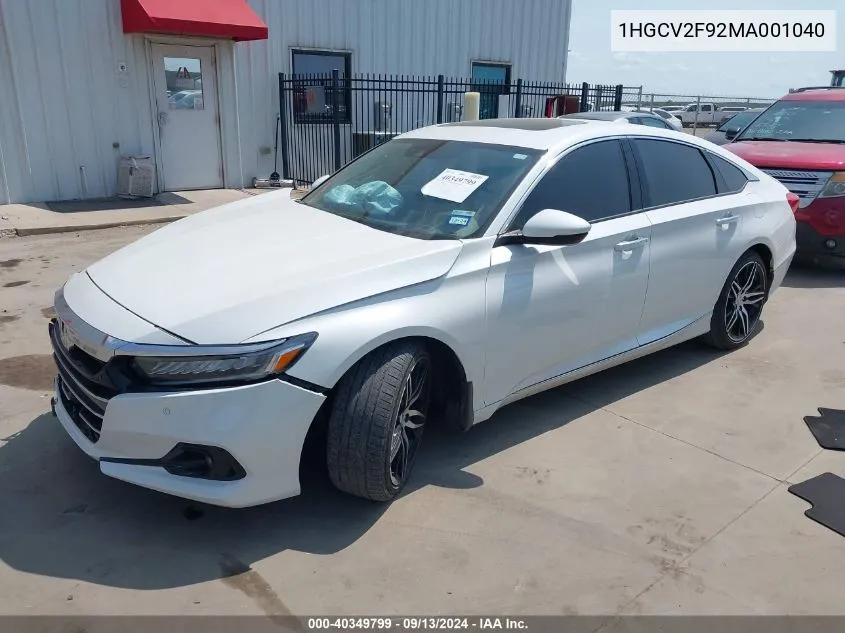 2021 Honda Accord Touring VIN: 1HGCV2F92MA001040 Lot: 40349799