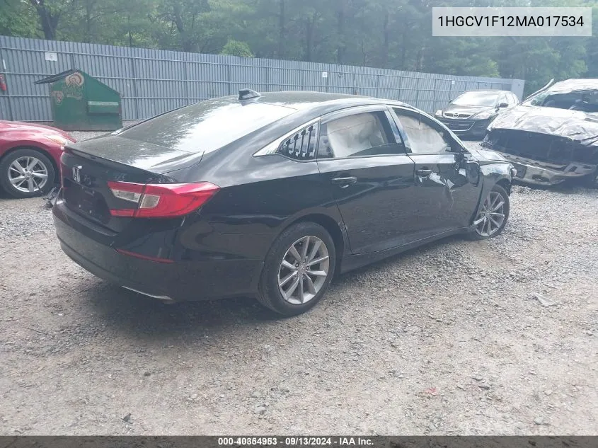 2021 Honda Accord Lx VIN: 1HGCV1F12MA017534 Lot: 40354953