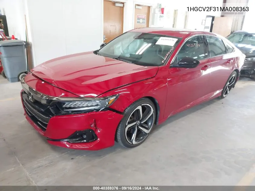 2021 Honda Accord Sport 2.0T VIN: 1HGCV2F31MA008363 Lot: 40359376