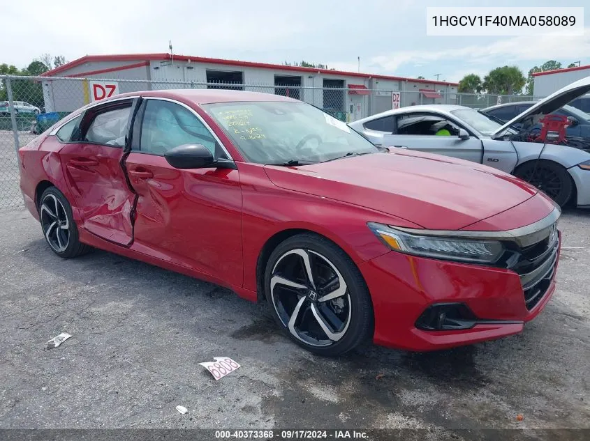 2021 Honda Accord Sport Special Edition VIN: 1HGCV1F40MA058089 Lot: 40373368