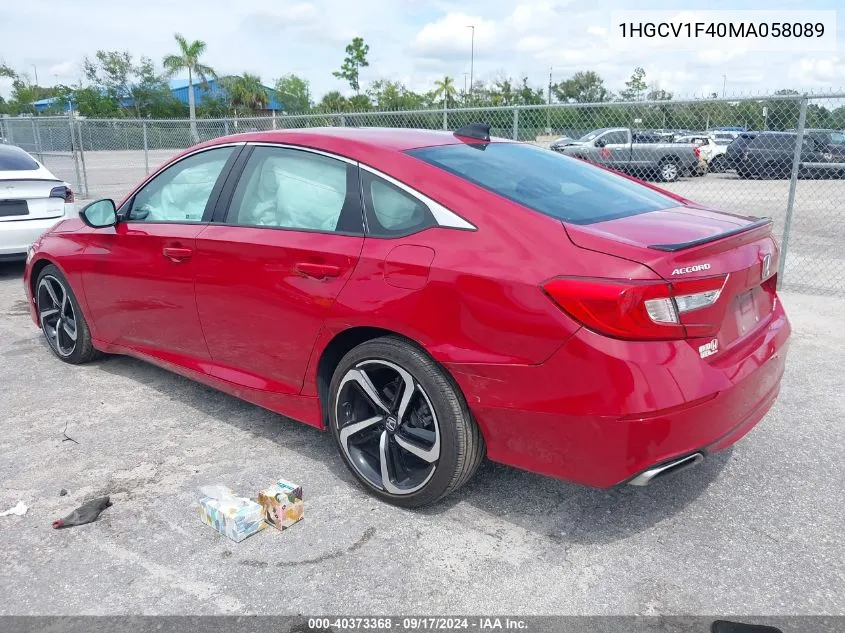 2021 Honda Accord Sport Special Edition VIN: 1HGCV1F40MA058089 Lot: 40373368