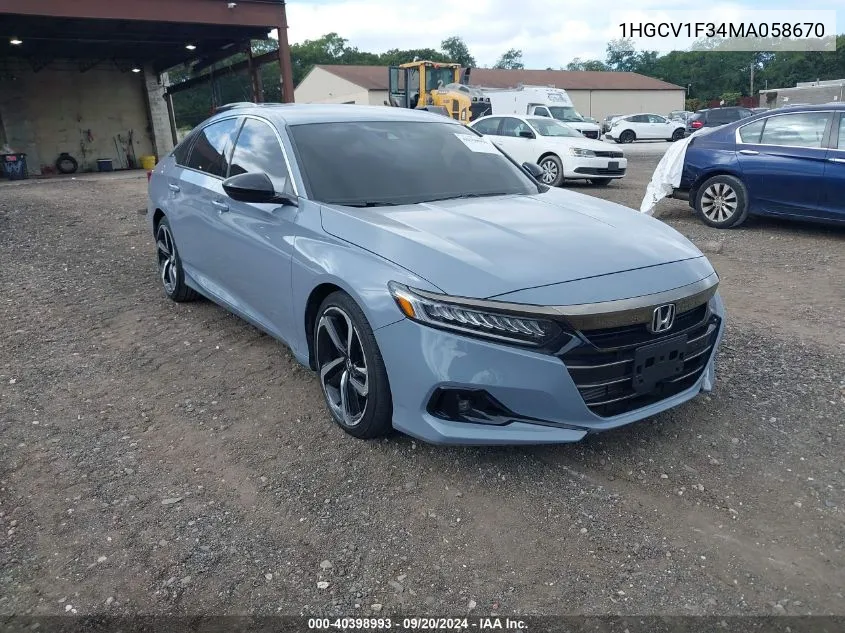 2021 Honda Accord Sport VIN: 1HGCV1F34MA058670 Lot: 40398993