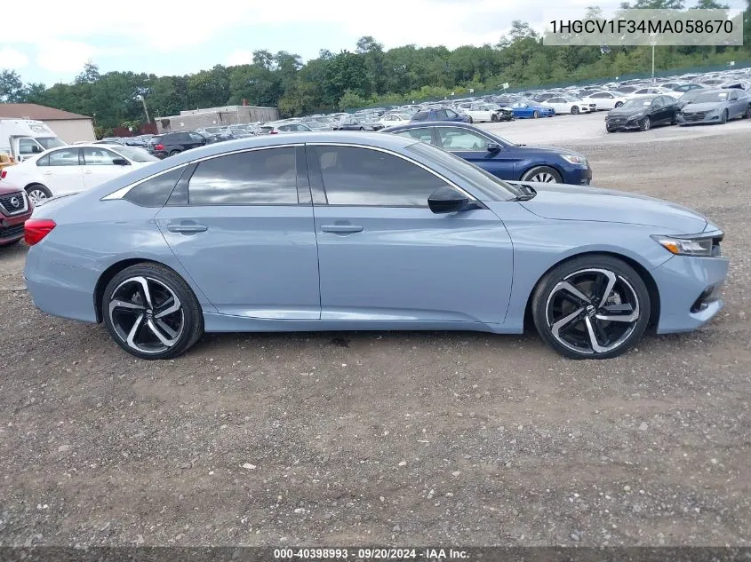 2021 Honda Accord Sport VIN: 1HGCV1F34MA058670 Lot: 40398993