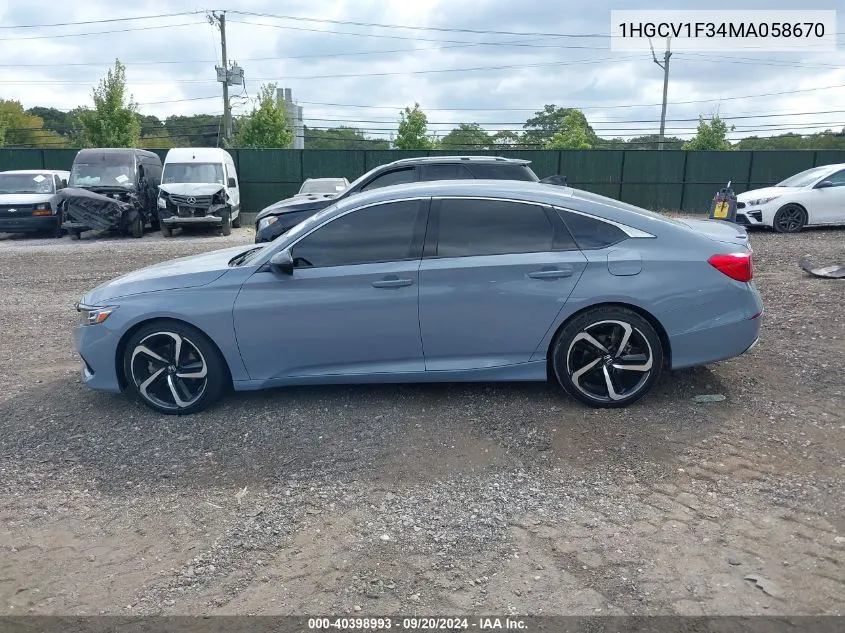 2021 Honda Accord Sport VIN: 1HGCV1F34MA058670 Lot: 40398993