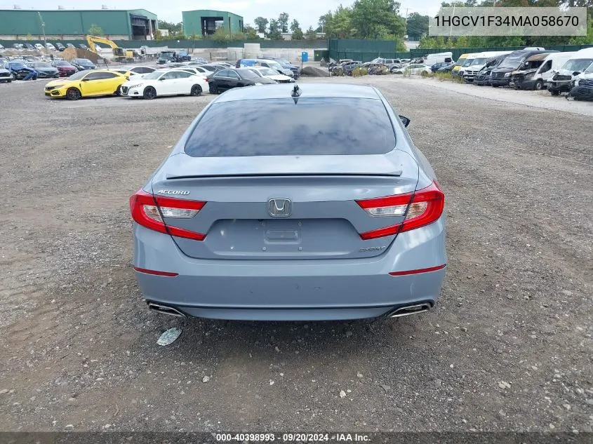 2021 Honda Accord Sport VIN: 1HGCV1F34MA058670 Lot: 40398993