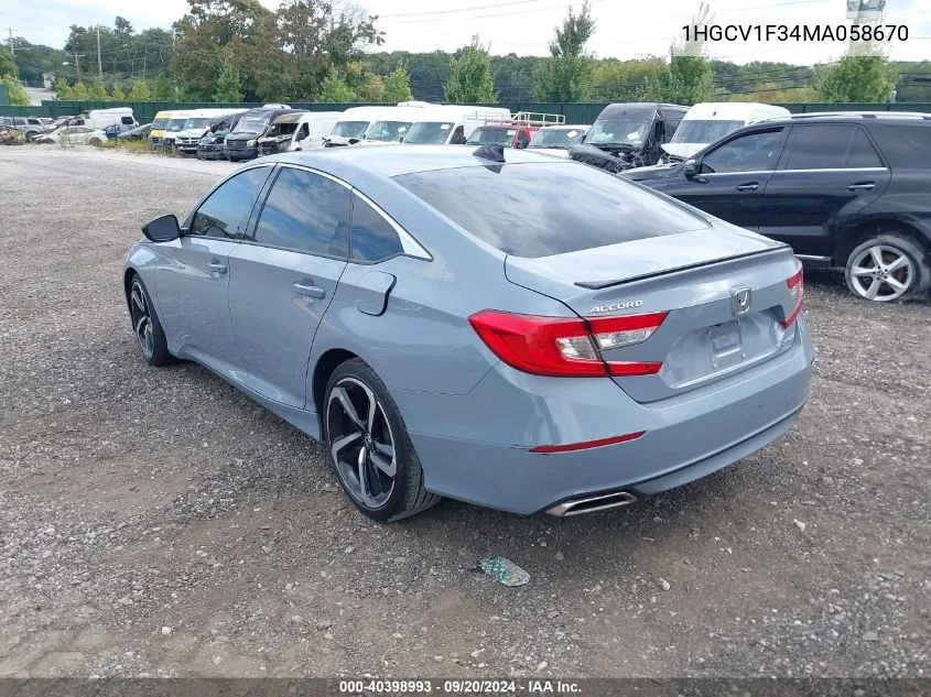 2021 Honda Accord Sport VIN: 1HGCV1F34MA058670 Lot: 40398993