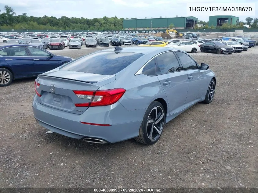 2021 Honda Accord Sport VIN: 1HGCV1F34MA058670 Lot: 40398993