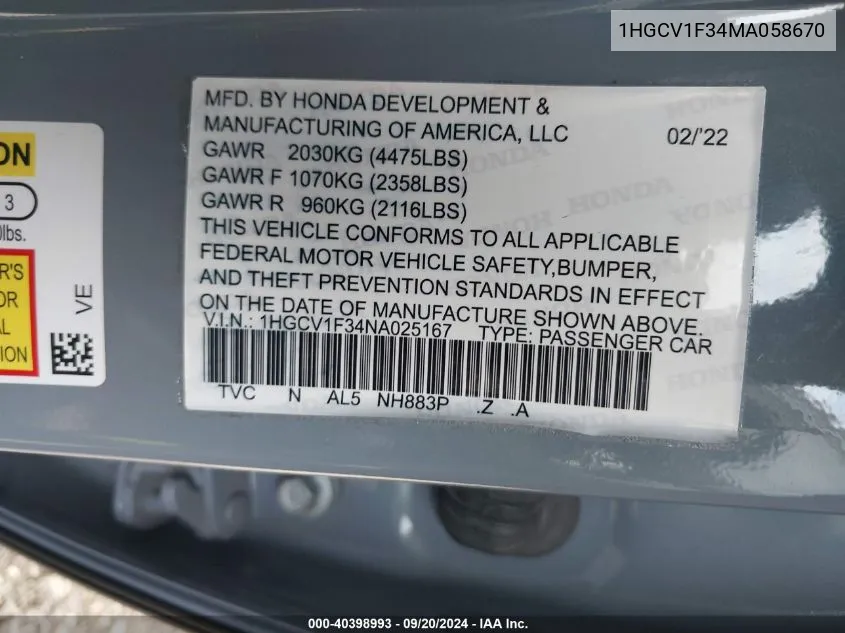 2021 Honda Accord Sport VIN: 1HGCV1F34MA058670 Lot: 40398993