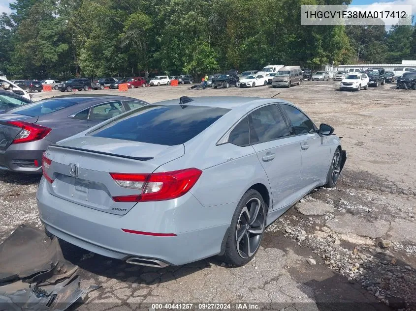 2021 Honda Accord Sport VIN: 1HGCV1F38MA017412 Lot: 40441257