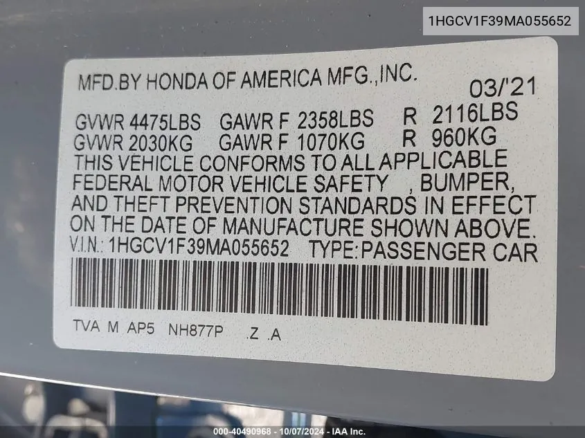 2021 Honda Accord Sport VIN: 1HGCV1F39MA055652 Lot: 40490968