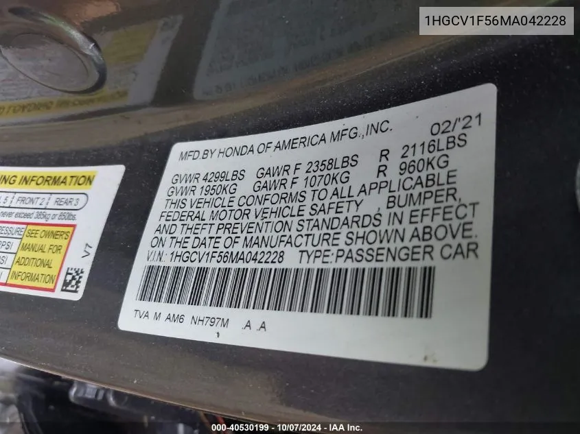 1HGCV1F56MA042228 2021 Honda Accord Exl