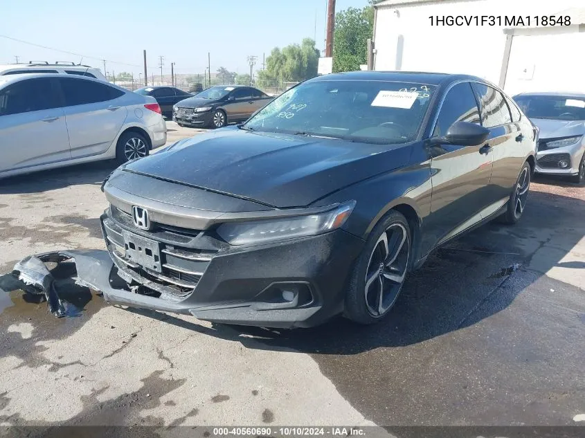 2021 Honda Accord Sport VIN: 1HGCV1F31MA118548 Lot: 40560690