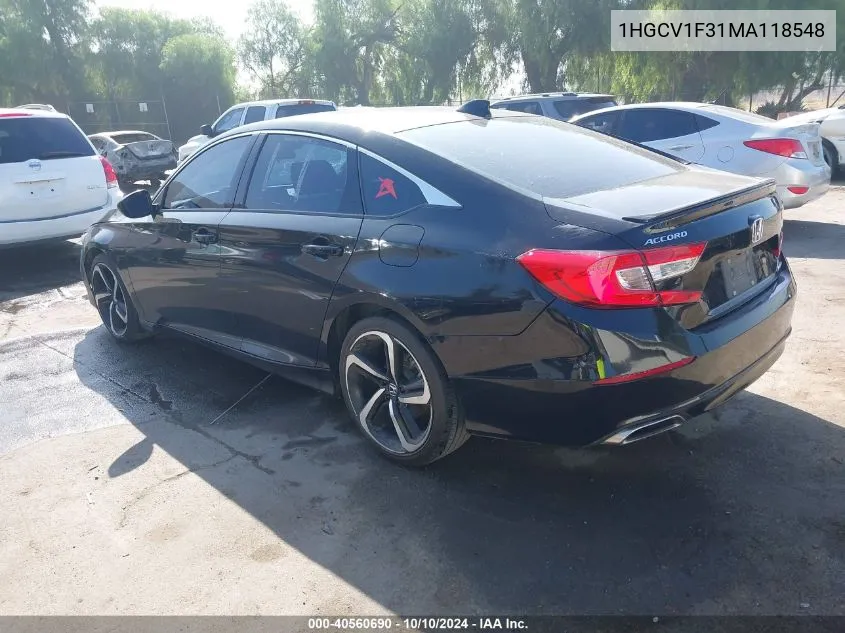 2021 Honda Accord Sport VIN: 1HGCV1F31MA118548 Lot: 40560690