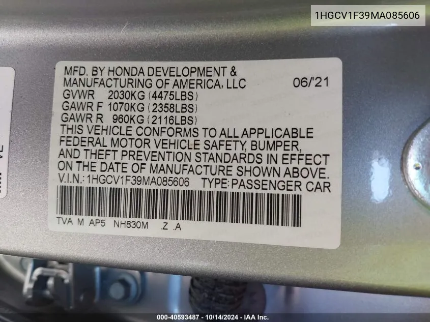 2021 Honda Accord Sport VIN: 1HGCV1F39MA085606 Lot: 40593487