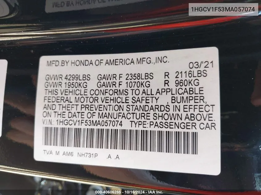 1HGCV1F53MA057074 2021 Honda Accord Ex-L